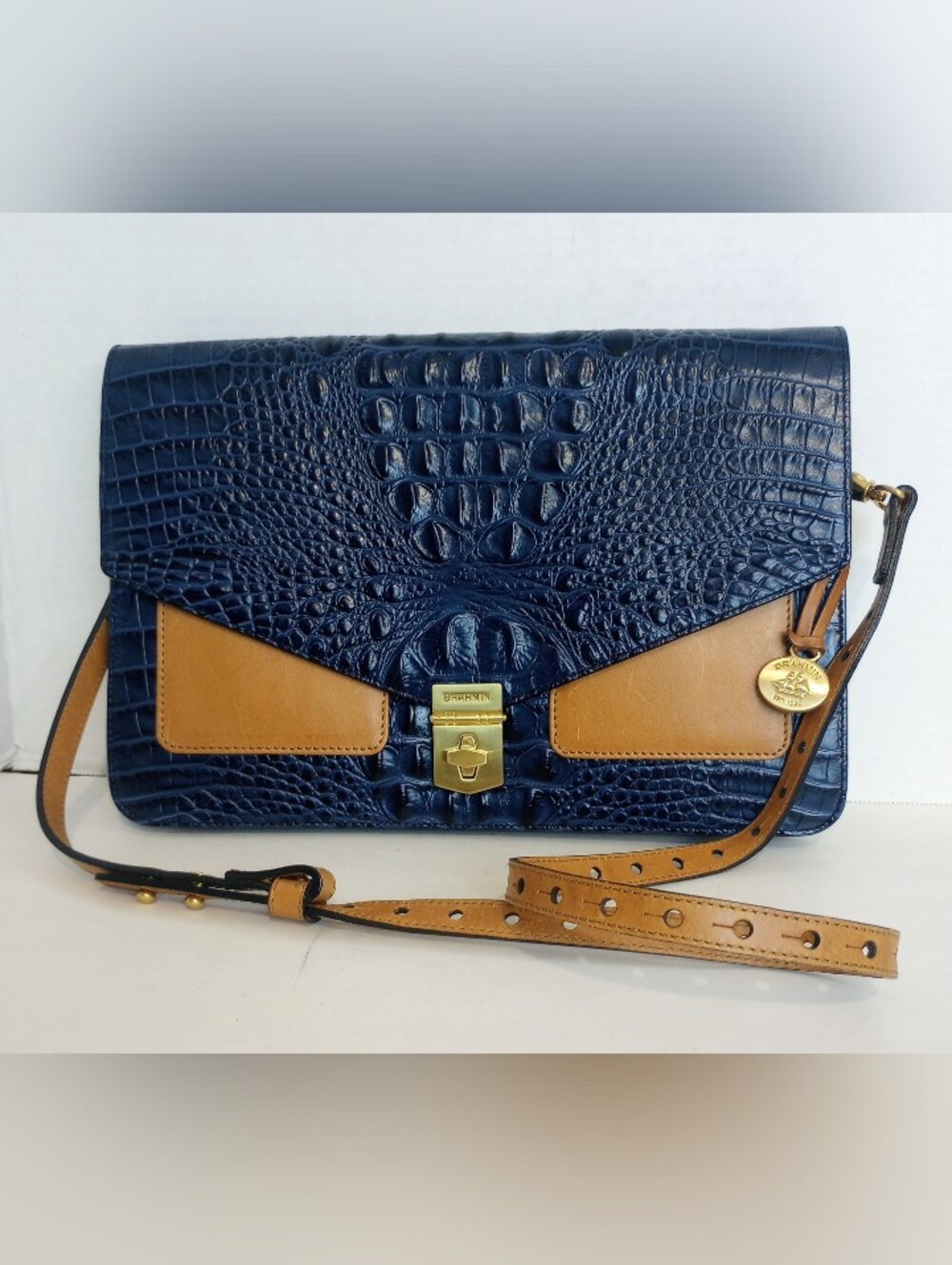 Brahmin Nico Blue And Beige Crocodile Embossed Leather Crossbody Bag
